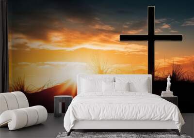 The Cross on sunset background. Generative AI Wall mural