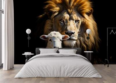 The Lion and the Lamb: Majestic Wildlife Together on Black Background Wall mural