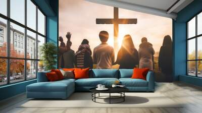 Together, a Christian congregation prays before a wooden cross under an overcast sky.  - Generative AI Wall mural