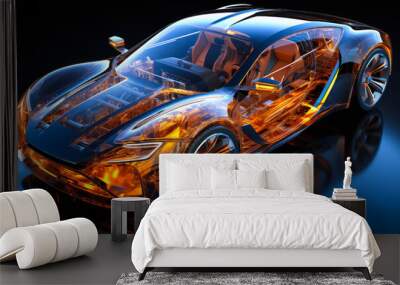 Transparent high-tech automobile design showcasing internal mechanics and technology systems, represented in a futuristic 3D blueprint aesthetic Wall mural