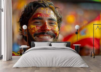 Vibrant Portrait of a Joyful male Spain Supporter with a Spanish Flag Painted on His Face, Celebrating at UEFA EURO 2024 Wall mural