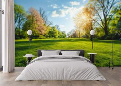 Vibrant spring nature backdrop with a pristine, neatly trimmed lawn and lush trees under a clear blue sky adorned with soft clouds on a sunny day Wall mural