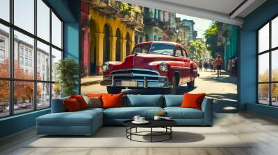 Vintage red classic car cruising on a sunny street in Havana with historical architecture and tropical vibes, capturing the essence of old Cuba Wall mural