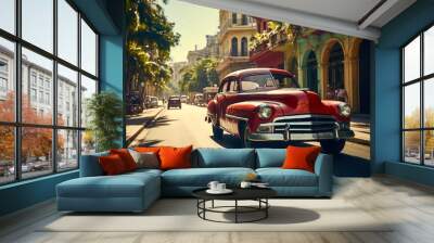 Vintage red classic car cruising on a sunny street in Havana with historical architecture and tropical vibes, capturing the essence of old Cuba Wall mural