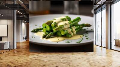 asparagus with a drizzle of hollandaise sauce on a white plate Wall mural