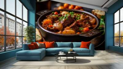 Beef Bourguignon served in a cast iron pot with a side of crusty bread Wall mural