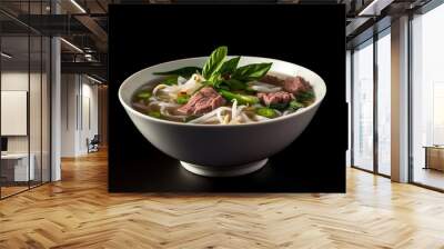 bowl of pho soup with thinly sliced beef, bean sprouts, and basil leaves Wall mural