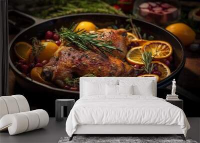 Duck à l'Orange in a large skillet, surrounded by fresh ingredients like oranges, rosemary, and thyme Wall mural