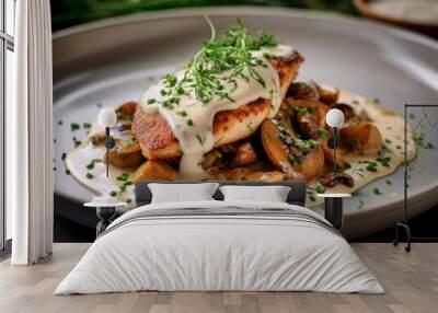 Poulet à la Crème with creamy sauce, mushrooms, and herbs, served on a white plate Wall mural