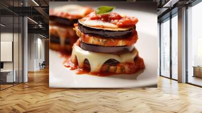 Provolone e Melanzane with layers of cheese and eggplant slices topped with tomato sauce on a white plate Wall mural