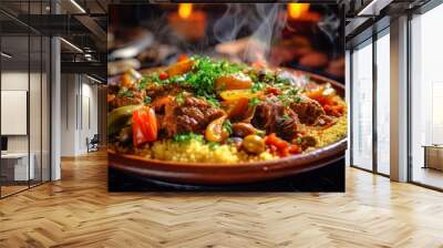 traditional Moroccan couscous dish with slow-cooked vegetables, lamb, and a flavorful sauce Wall mural