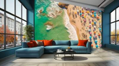 Crowded beach during summer time seen from above on a sunny day, created using Generative AI technology Wall mural