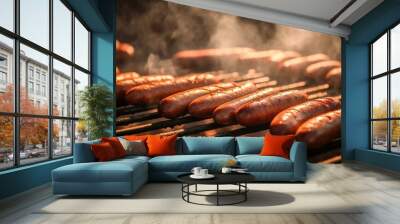 Delicious grilled sausages laying on a hot grill during summertime Wall mural