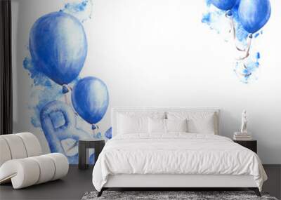 Newborn, gender reveal, birthday party it is a Boy baby clipart circle frame Air ballon with blue splashes, letter B and male Mars sign Watercolor hand drawn illustrations isolated on white background Wall mural