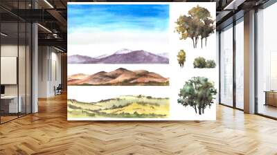 Watercolor landscape with with field, bushes, trees, hills, sky and mountains. Constructor assemble yourself, winemaking template label, card print. Hand draw illustration. Isolated white background.  Wall mural