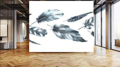 Watercolor seamless border, pattern with monochrome bird feathers grey black color with granulation of shades, ornaments. Quills wings drawing illustration. Wrapping, fabric Isolated white background Wall mural