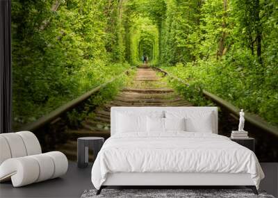 Real natural wonder love tunnel created from trees along the railway Ukraine, Klevan Wall mural