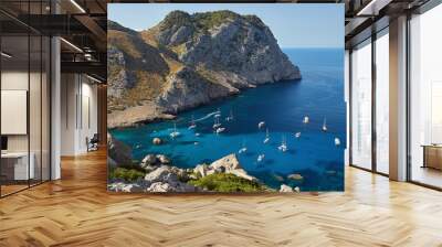 Spain, Balearic Islands, Maiorca, Sailing boats in beautiful bay near Formentor Wall mural