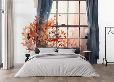 Watercolor autumn window with dried leaves and pumpkins. Countryside fall house illustration
 Wall mural