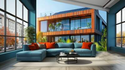 Modern Wooden House with Large Windows and a Rooftop Terrace Wall mural