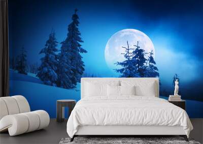 Moon rise in a winter forest Wall mural