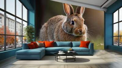 A Brown Rabbit Resting in Tall Green Grass Wall mural