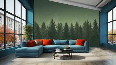 A Silhouetted Forest Against a Foggy Green Sky Wall mural