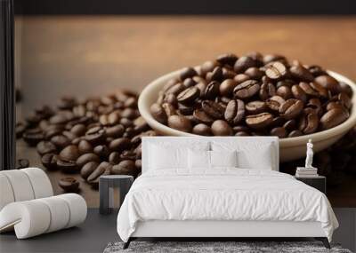 Coffee Beans in a White Bowl on a Wooden Surface Wall mural