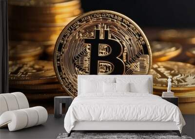 Gold Bitcoin Cryptocurrency Coin Close-Up with Stacked Coins in Background Wall mural