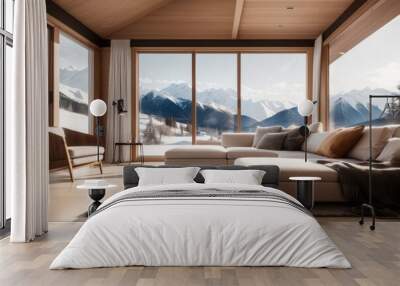 Interior home design of modern living room with corner sofa and table in a wooden room with a view outside the window of a winter snow mountain landscape Wall mural