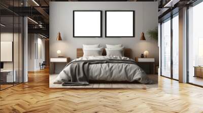 Minimalist Bedroom Interior with Two Blank Frames and Wooden Nightstands Wall mural