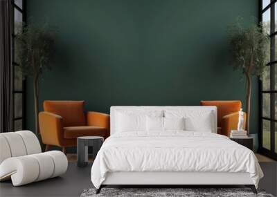 Two Orange Velvet Armchairs in a Room with a Green Wall Wall mural