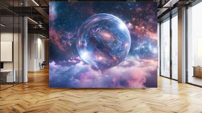 A 3D crystal ball floating in space its surface reflecting distant galaxies and stars while inside the ball a swirling mist creates a sense of depth and dimension Wall mural