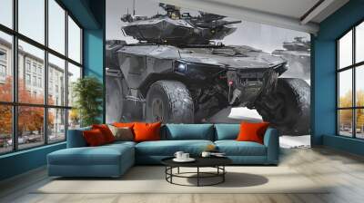 Imagine a tank designed for urban warfare with reinforced armor and camouflage suited for city environments Wall mural