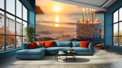 A birthday cake with colorful fish and twenty-one colorful candles on the beach Wall mural