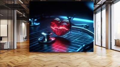 stethoscope and red heart with cardiogram. Neon Light effect. on black background. Generative AI Wall mural