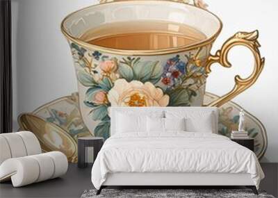 White background PNG of a vintage teacup and saucer. Wall mural