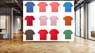 A collection of vibrant T-shirt mockups in popular hues such as royal blue, charcoal, and forest green, offering a stylish canvas for any artwork. Wall mural