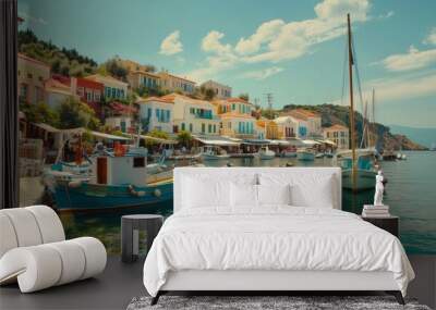 A picturesque Greek island harbor lined with colorful buildings and fishing boats Wall mural