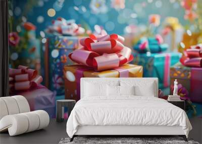 Birthday presents wrapped in colorful paper and bows Wall mural