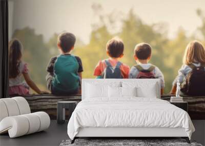 Cute kids sit in a row,  engrossed in a nature-themed educational activity Wall mural