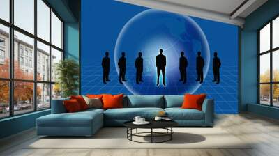 group of business people standing against earth and world map bl Wall mural