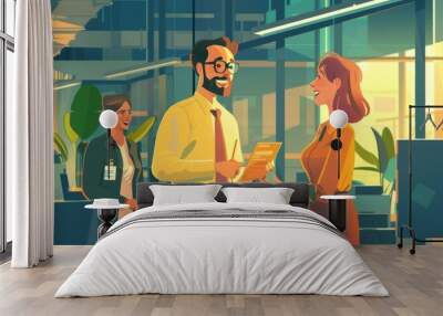 Illustration of a happy employee receiving recognition at work Wall mural