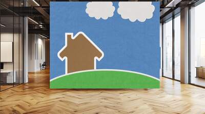 Landscape of green grass and home with stitch style on fabrix ba Wall mural