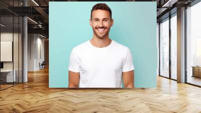 Smile Young Man fit in Frame wearing bella canvas white shirt mockup,  isolated color background Wall mural