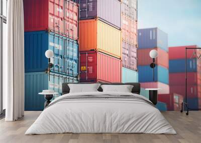 The intricate patterns of containers neatly stacked on a cargo ships deck Wall mural