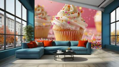 Whimsical birthday cupcakes with sprinkles and frosting Wall mural