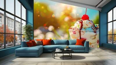 A vivid image of a refreshing summer ice cream sundae with colorful toppings and a cherry, set against a bright and sunny outdoor background. Wall mural