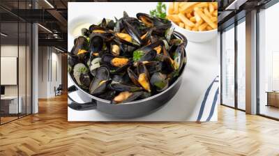 Belgian mussels with potato fries and sauce on white marble table Wall mural