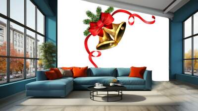 Vector illustration of shiny golden Christmas bell decorated with red bow Wall mural